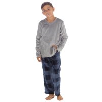 15C658: Boys Plush Top & Super Soft Printed Fleece Lounge Pant- Grey  (9-13 Years)